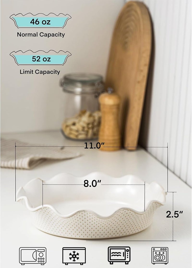 MIKIGEY Ceramic Deep Pie Pan for Baking, 11 inch Porcelain Pie Dish for Apple Pie, Oven & Dishwasher Safe, 48 Ounce Deep Plate for Kitchen, Non-Stick Pie Pans,Off-White, Embossed Dots - Image 4